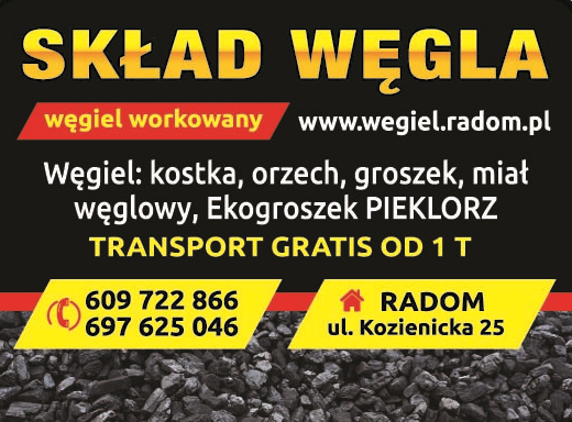 SKŁAD WĘGLA Radom -  Węgiel: orzech, kostka, groszek, miał węglowy, Ekogroszek PIEKLORZ, TRANSPORT 