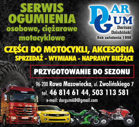 "DAR-GUM" Dariusz Dziubiński Rawa Mazowiecka Serwis Ogumienia / Części Do Motocykli