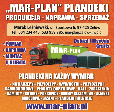 "MAR-PLAN" PLANDEKI PRODUKCJA NAPRAWA SPRZEDAŻ Zelów, Sieradz - Plandeki na każdy wymiar!