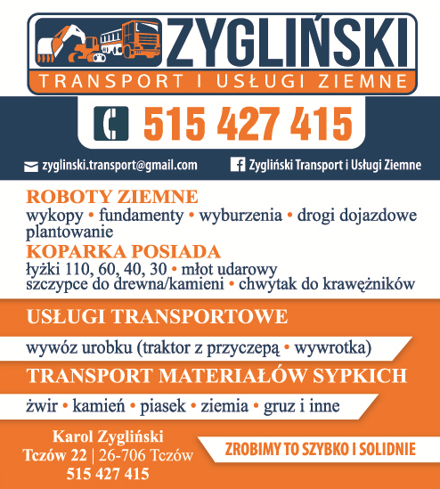 ZYGLIŃSKI TRANSPORT I USŁUGI ZIEMNE Tczów Wykopy / Fundamenty / Wyburzenia / Wywóz Urobku