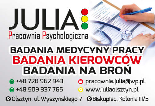 Pracownia Psychologiczna JULIA Olsztyn- BADANIA: MEDYCYNY PRACY, KIEROWCÓW, NA BROŃ