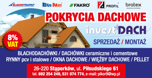 INVEST DACH Stąporków Blachodachówki / Dachówki / Rynny / Okna Dachowe / Więźby Dachowe / Pellet