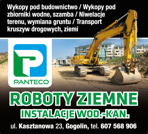 PANTECO Sp. z o.o. ROBOTY ZIEMNE INSTALACJE WOD.-KAN.Gogolin - Wykopy pod budownictwo, Transport 