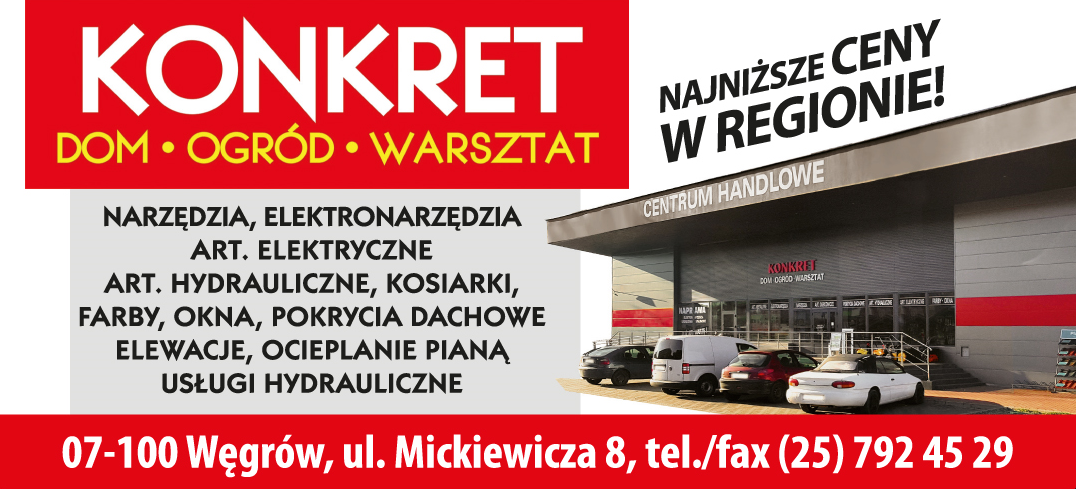 P.P.H.U. KONKRET Węgrów Narzędzia / Elektronarzędzia / Art. Elektryczne / Kosiarki / Farby / Okna