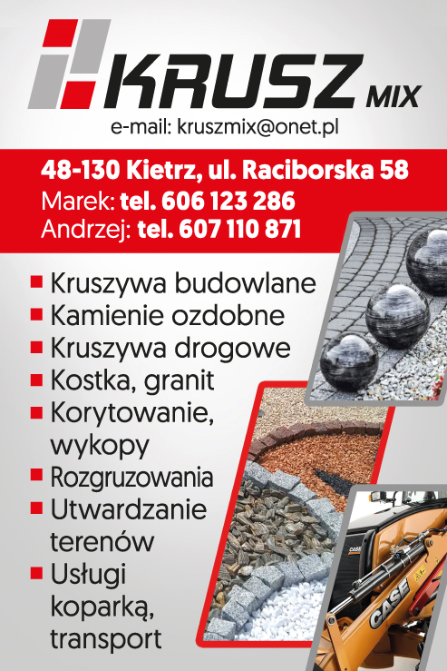 KRUSZMIX s.c. Kietrz Kruszywa Budowlane / Kamienie Ozdobne / Kruszywa Drogowe / Usługi Koparką