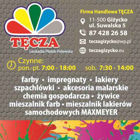 Firma Handlowa "TĘCZA" Leokadia Płatek-Polewska Giżycko Farby/ Impregnaty/ Lakiery/ Mieszalnik Farb