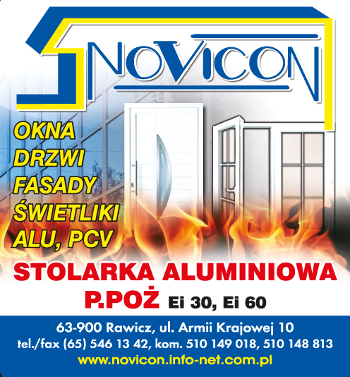NOVICON Rawicz - OKNA - DRZWI - FASADY - ŚWIETLIKI ALU, PCV - STOLARKA ALUMINIOWA, P. POŻ.