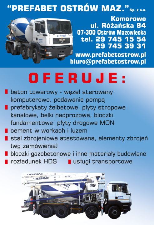 "PREFABET OSTRÓW MAZ." Sp. z o.o. Komorowo Beton Towarowy / Prefabrykaty / Stal Zbrojeniowa