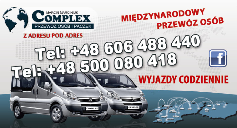 COMPLEX Przewóz Osób i Paczek Marcin Marciniuk Piła Międzynarodowy Przewóz Osób / Wyjazdy Codziennie