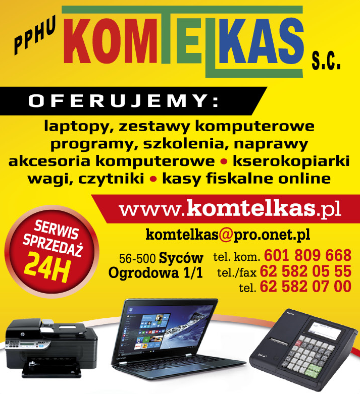 PPHU KOMTELKAS s.c. Syców Zestawy Komputerowe / Programy / Szkolenia / Kasy Fiskalne Online