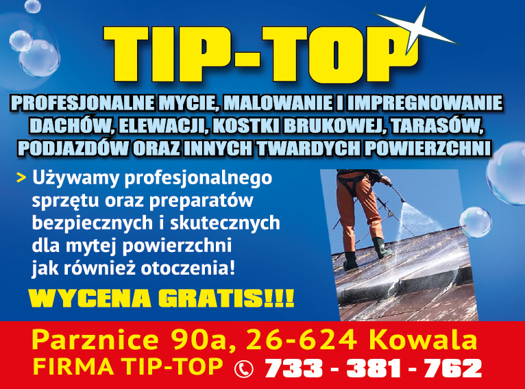 FIRMA TIP-TOP Parznice Mycie, Malowanie i Impregnowanie Dachów, Elewacji, Kostki Brukowej, Tarasów
