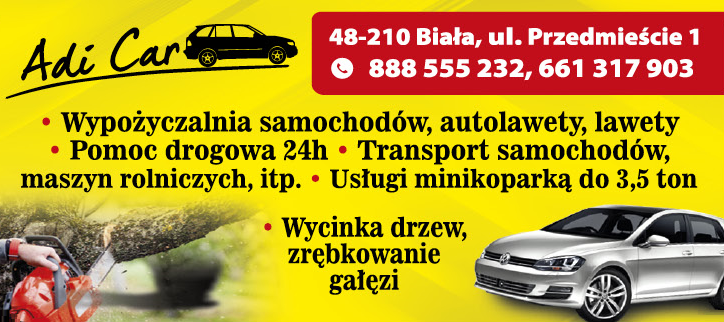 ADI CAR Biała Wypożyczalnia Samochodów / Pomoc Drogowa 24H / Transport / Usługi Minikoparką