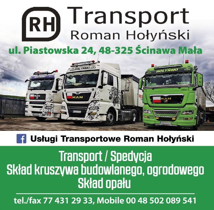 RH TRANSPORT Roman Hołyński Ścinawa Mała Transport / Spedycja / Skład Kruszywa / Skład Opału
