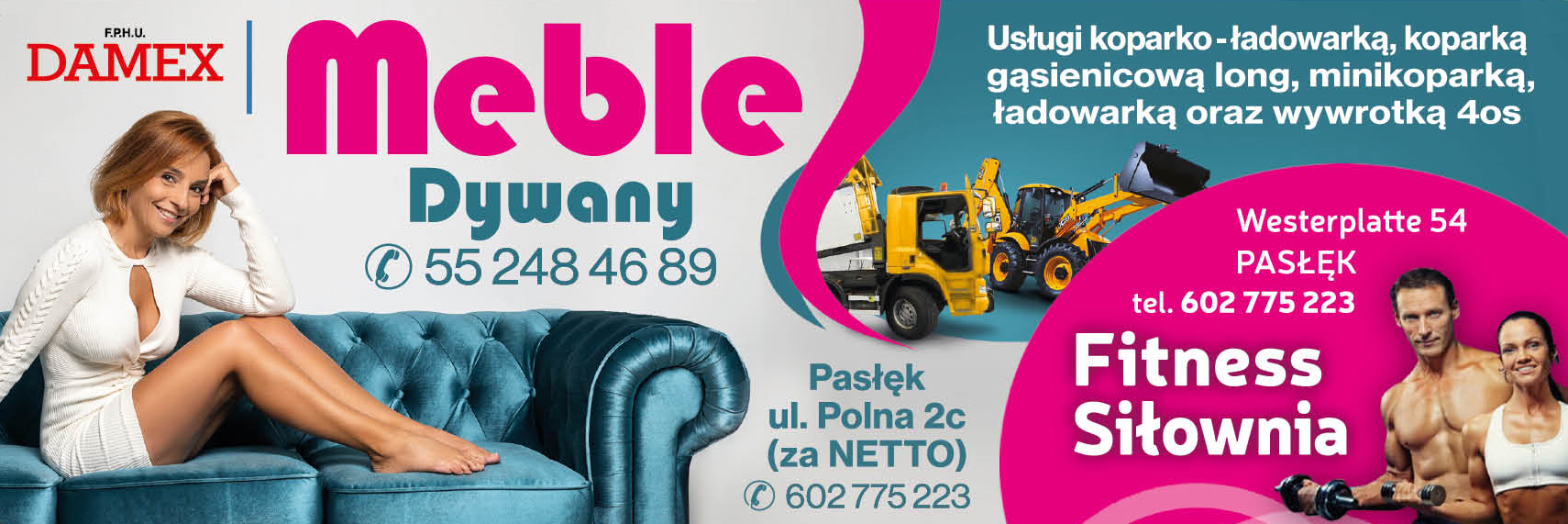F.P.H.U. DAMEX Pasłęk Meble i Dywany | Usługi Koparko-Ładowarką | Fitness Siłownia
